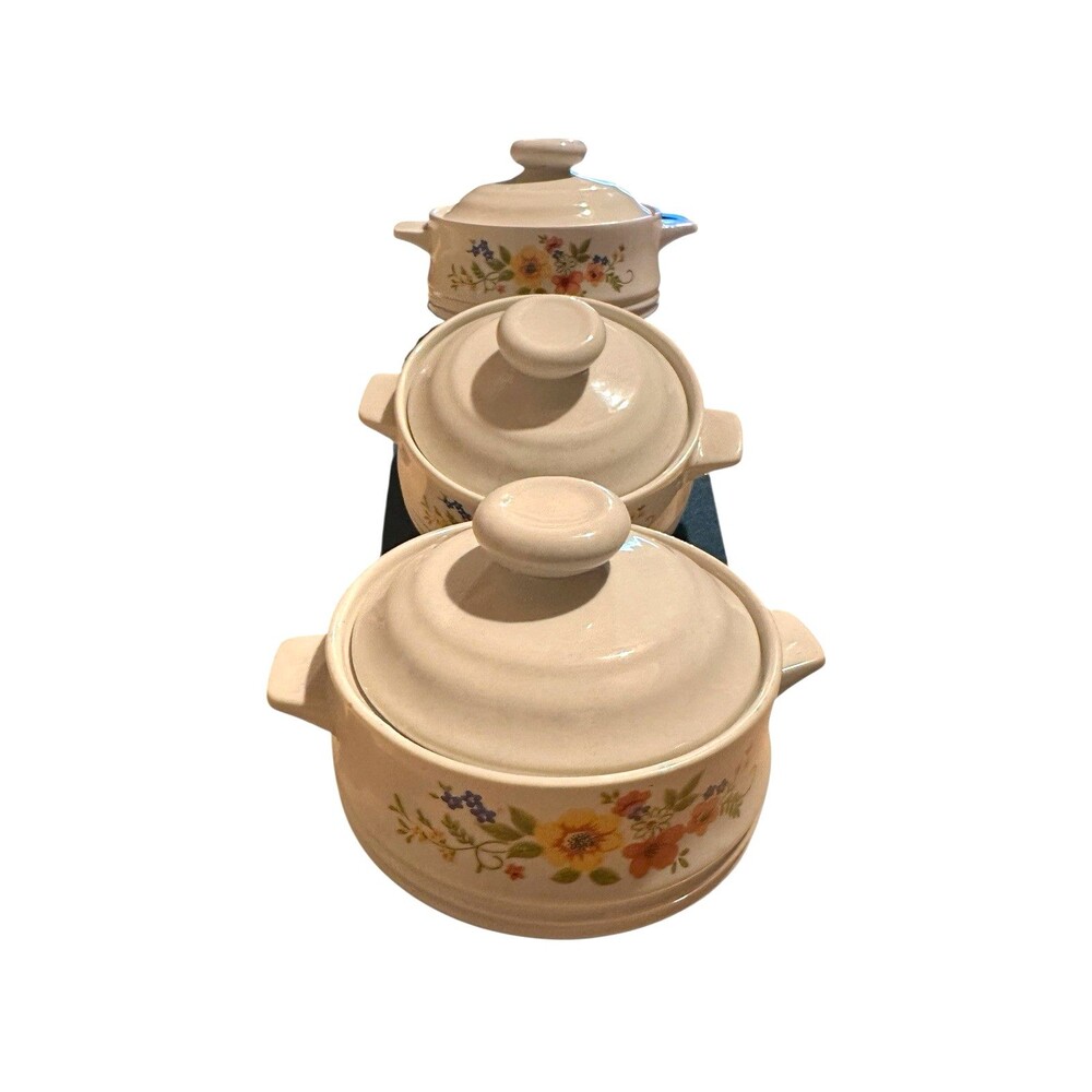 Bake Serve'n Store Stoneware set 3 with lids Sweet Flowers 1980